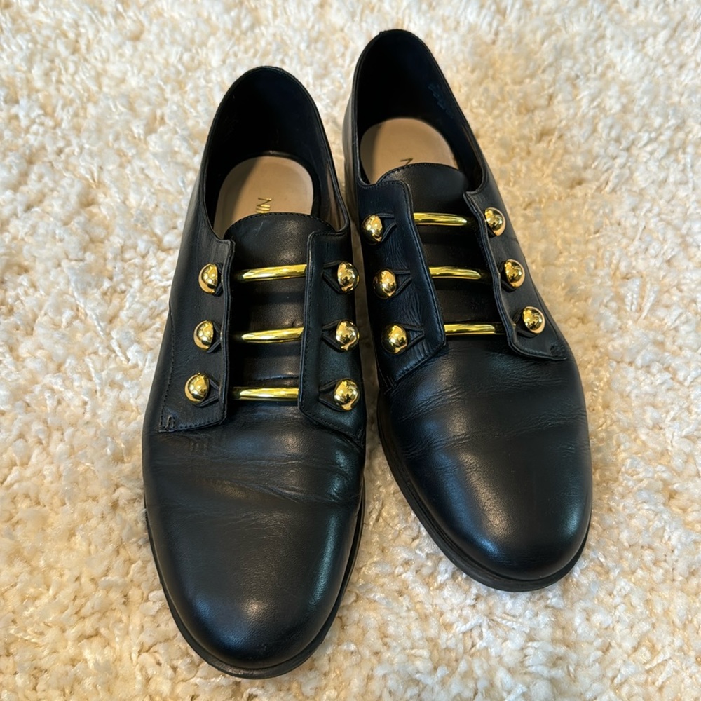 Nine West Leather Golden Embellishments Round Toe Jon Pull-On Loafers Black 8
